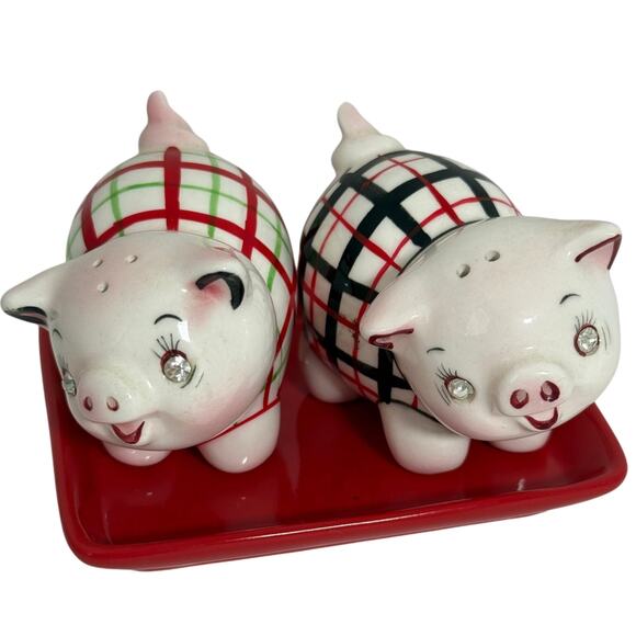 Lot 4 Pigs Ceramic Salt Pepper Shakers Vintage Plaid Tray Bling Grad Fridge - Picture 5 of 9